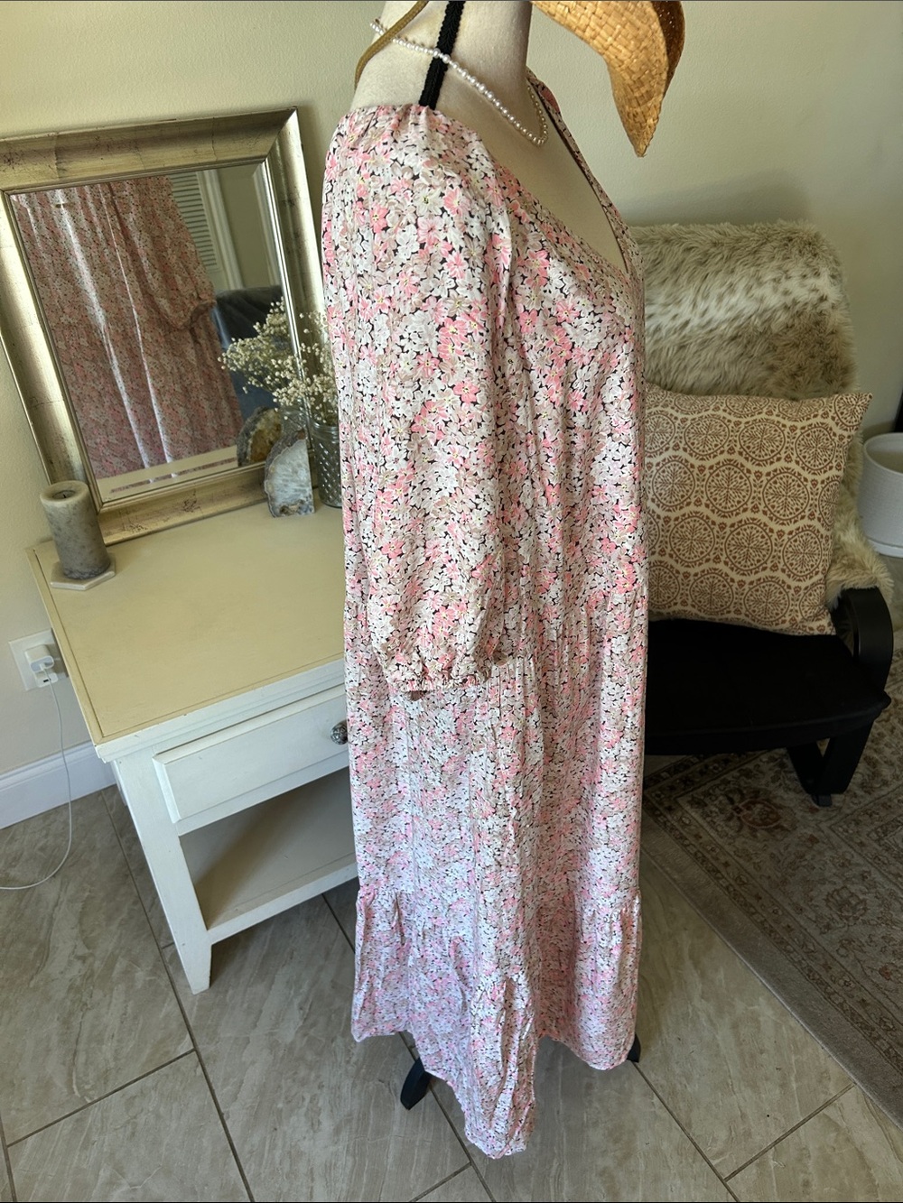 H&M brown tan cream, pink floral cottage V-neck tiered summer maxi dress XL - Picture 10 of 15